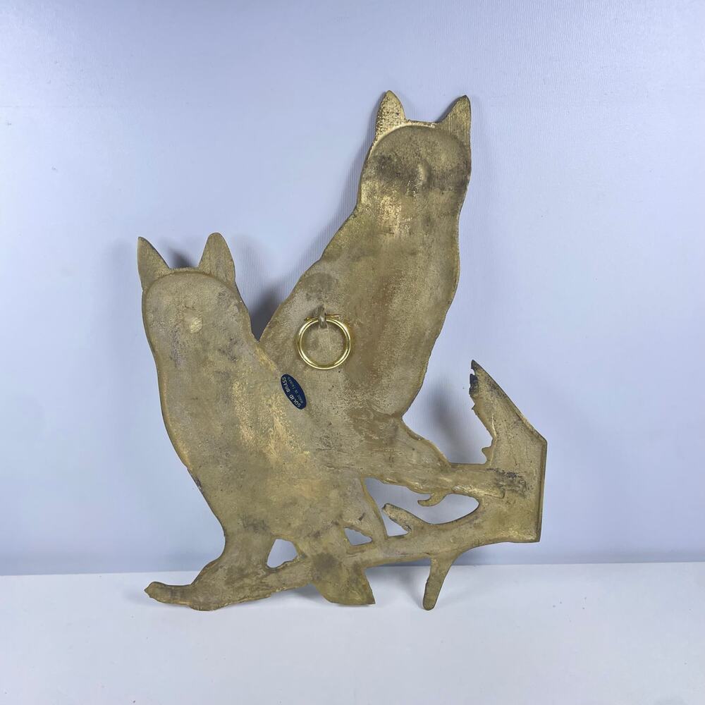 Vtg midcentury modern MCM flat solid brass owls perched on branch decor 10.5x5.5 - Picture 7 of 7
